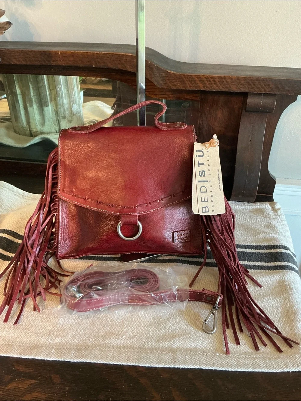 NWT Bed Stu Fringe Leather Hidden Crossbody Bag Handbag Cherry Lacquer MSRP $249 - Picture 3 of 14